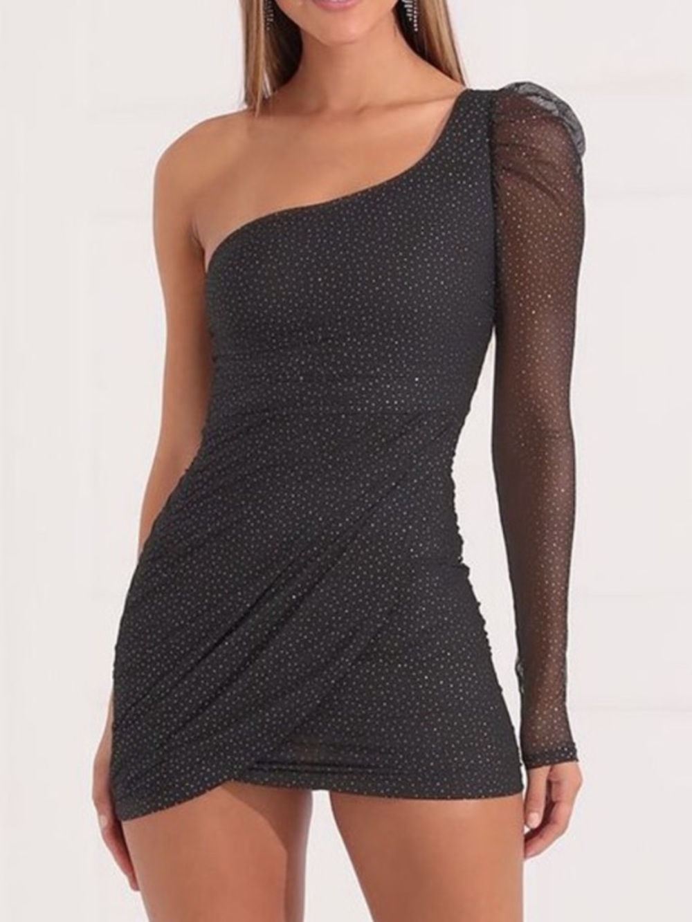 Lucy in the Sky Puff Sleeve Mesh Dress Black Shimmer Long Sleeve One Shoulder M